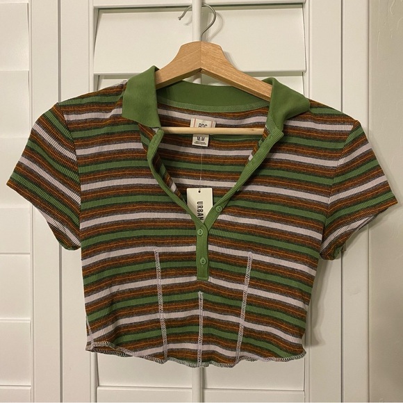 Urban Outfitters BDG Women’s Striped Green and Orange Cropped Polo Top Size M - Picture 1 of 6